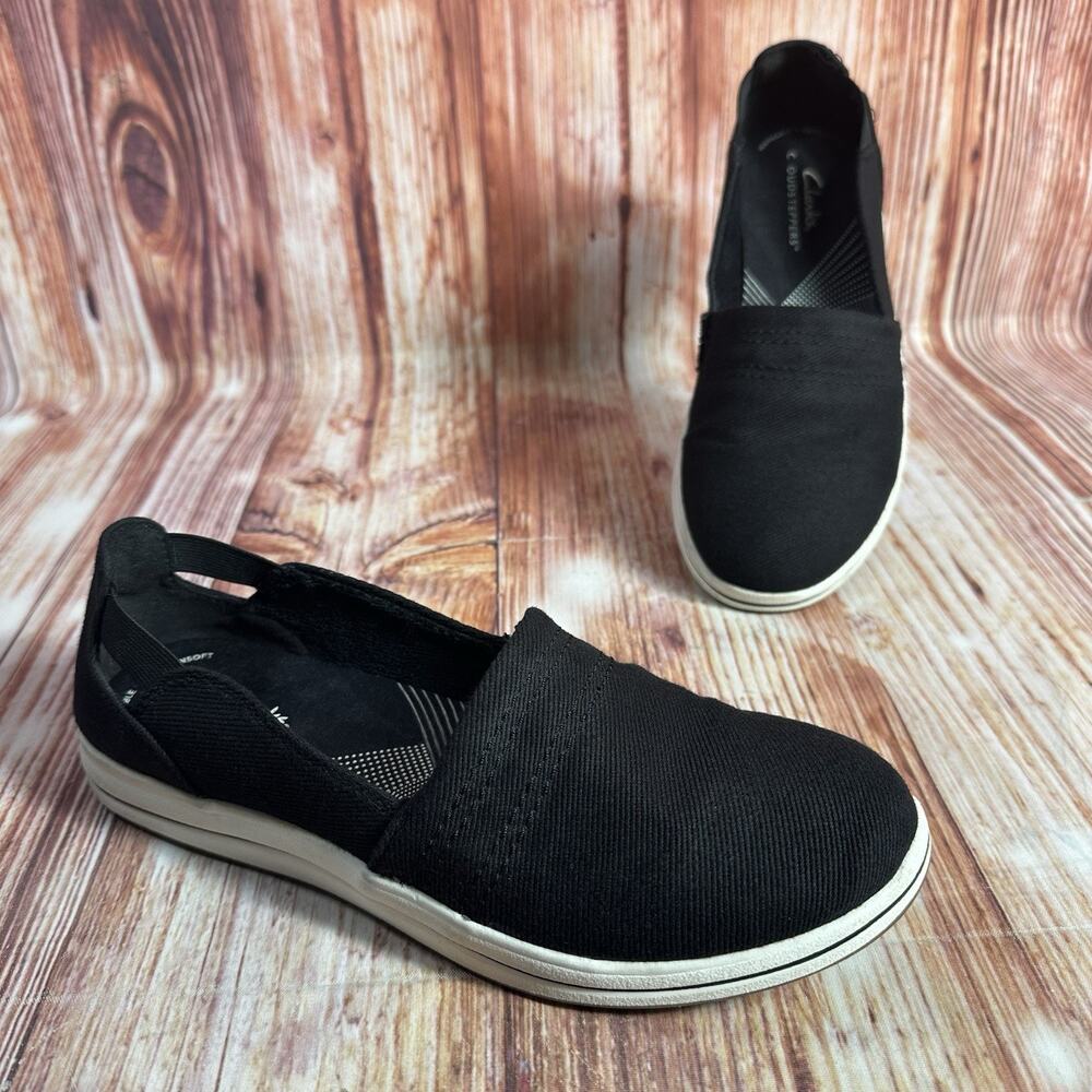 Clarks BREEZE STEP II Womens Size 6.5 M Black Canvas Loafers Comfort Shoes Flats